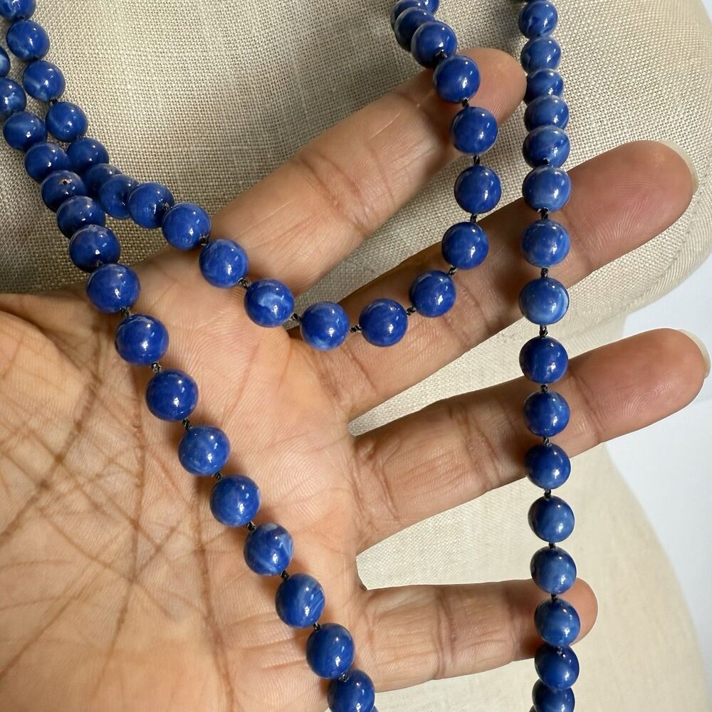 Long Blue Beaded Necklace Marbled Round Beads Double Strand Screw Clasp - Picture 4 of 12